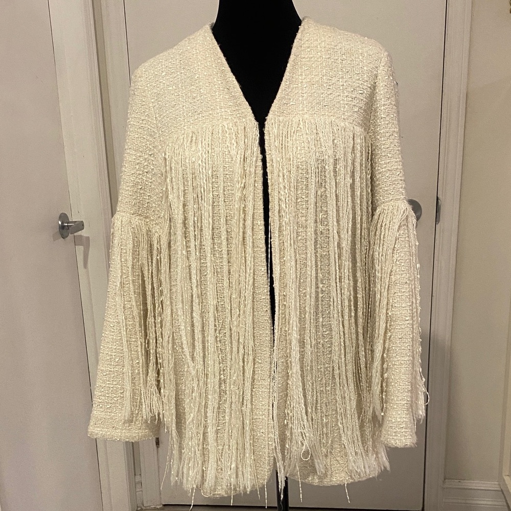 ZARA Ecru Cream Fringe Open Cardigan Tweed Textured Structured Jacket Sze Small
